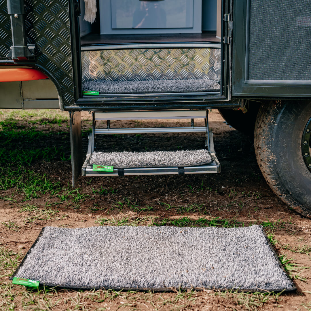 muk mat caravan bundle with ground mat and two step mats fitted at caravan entrance